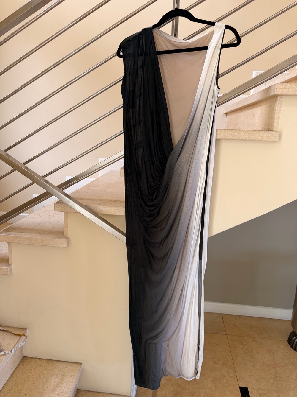 Helmut Lang Black and White Ombre Draped Maxi Dress